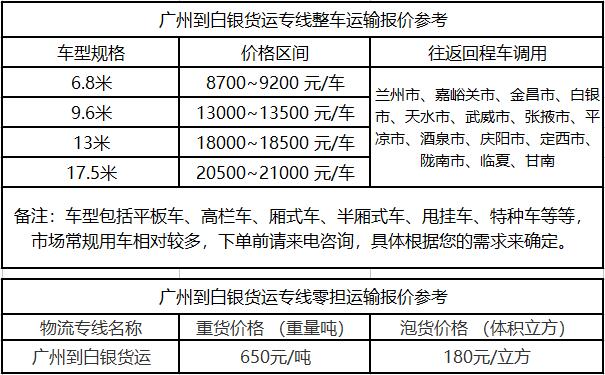 成都到白银物流整车零担价格报价